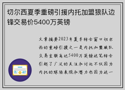 切尔西夏季重磅引援内托加盟狼队边锋交易价5400万英镑 切尔西夏季重磅引援内托加盟狼队边锋交易价5400万英镑