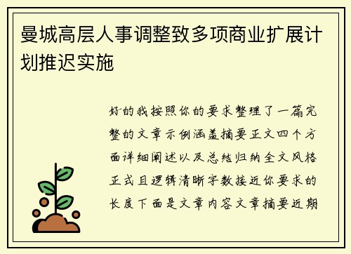 曼城高层人事调整致多项商业扩展计划推迟实施 曼城高层人事调整致多项商业扩展计划推迟实施